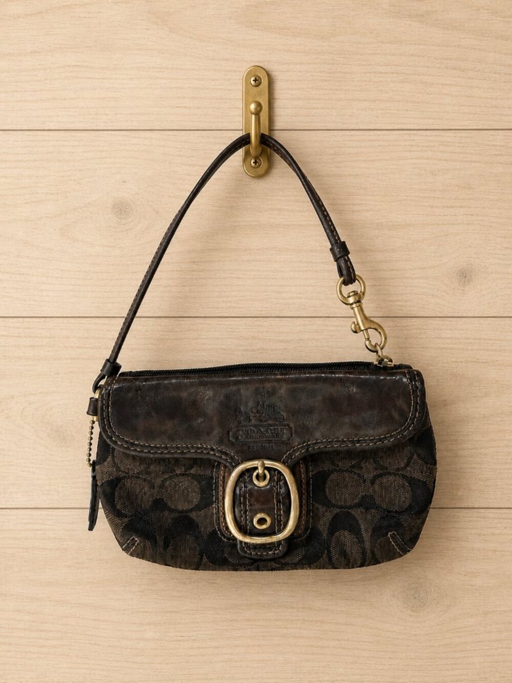 Coach Signature Jacquard Wristlet Chocolate Brown Y2K Mini Bag EUC
